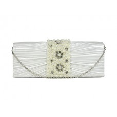 Evening Bag - 12 PCS - Satin w/ Pleated & Beaded Flap - White - BG-100274W